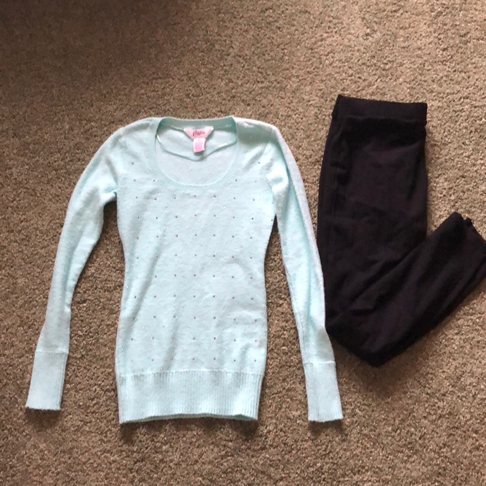 Candie’s light blue, jewel-embroidered sweatshirt